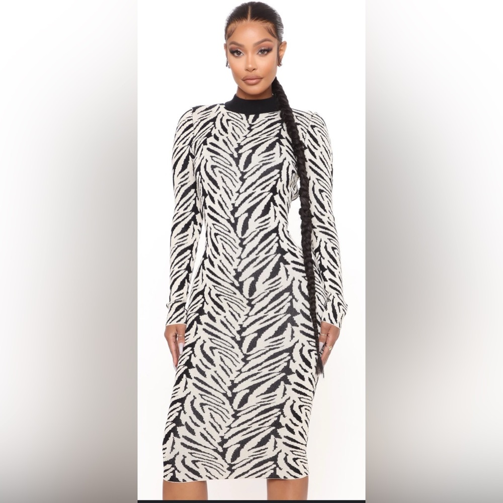 Fashion Nova Monochrome Zebra Print Long Sleeve Dress